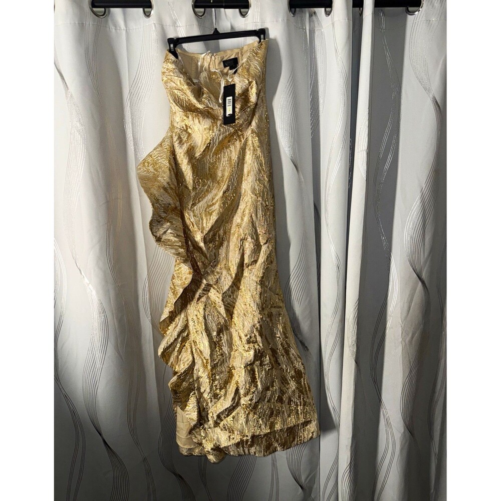 Donna Karan New York Gold Metallic Strapless Ruffle Long Maxi Dress 4